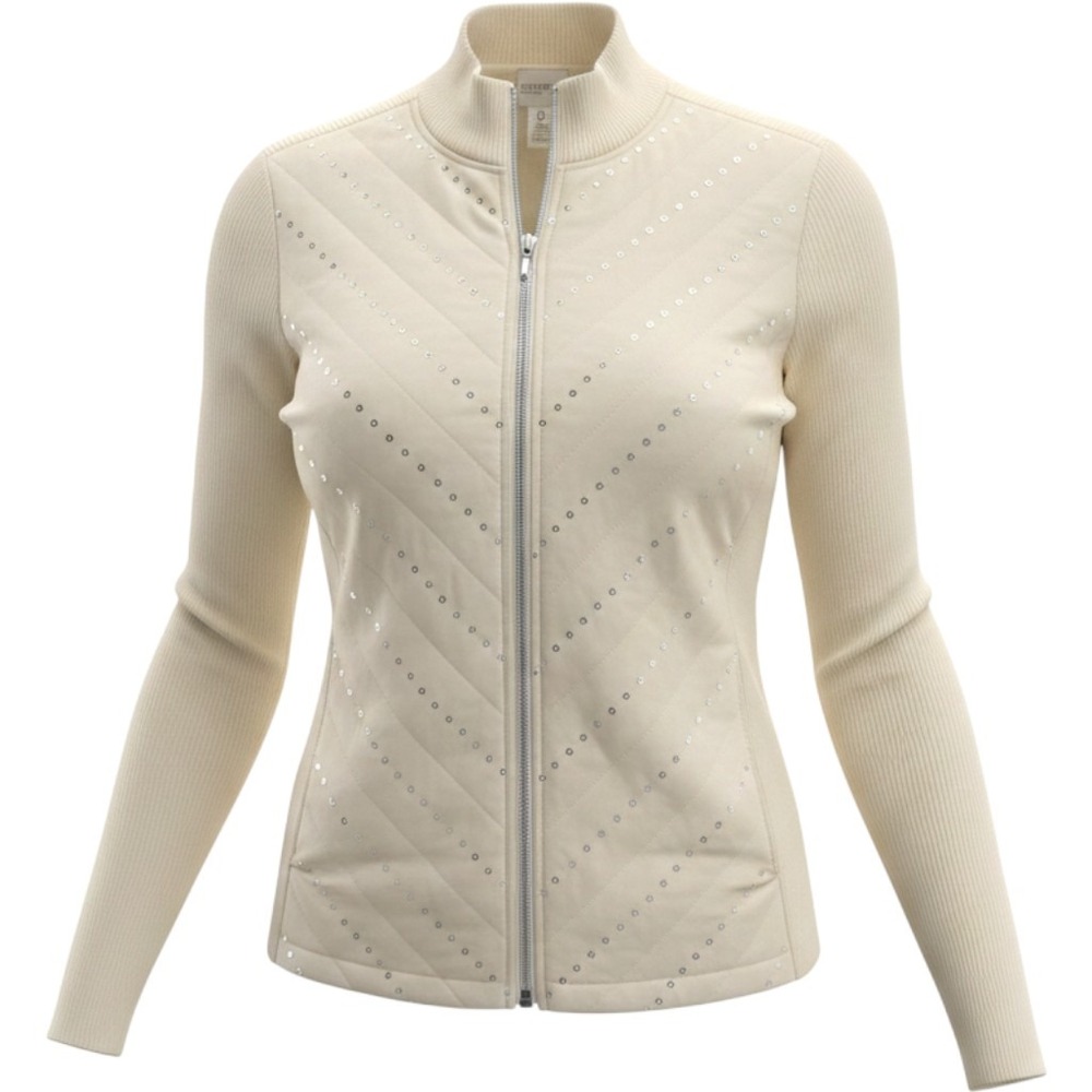 Zenergy by Chicos Size 0 Jacket Cream Quilted Sequin Ribbed Knit Full Zip